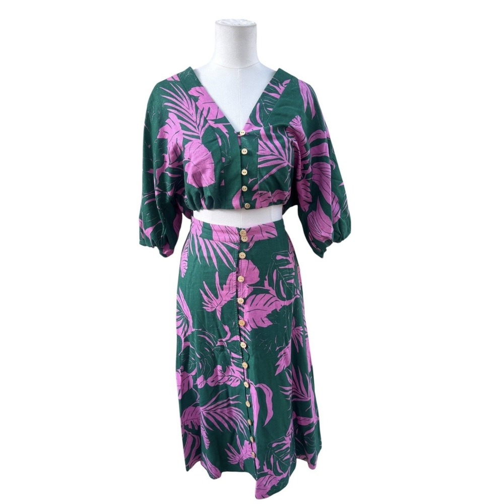 Maison d’Amélie Paris Tropical Palm 2 Piece Set XS Green Pink Crop Top Skirt
